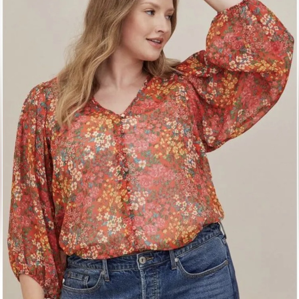 Torrid Chiffon Lurex Blouse Orange Floral Size 4X